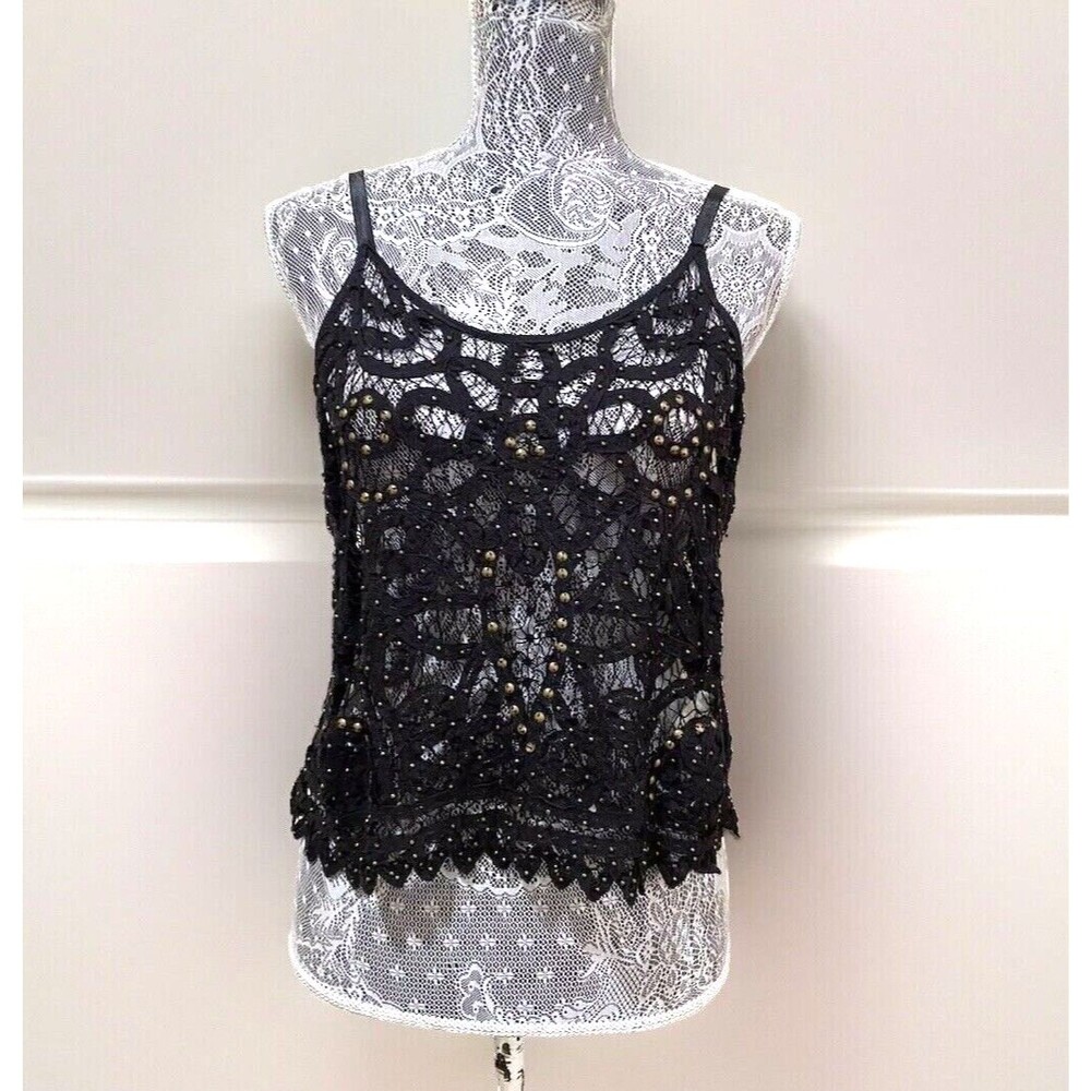 Free People Intimately Black Crochet Lace Cami Studded Tank Top Boho Festival S - Picture 4 of 15